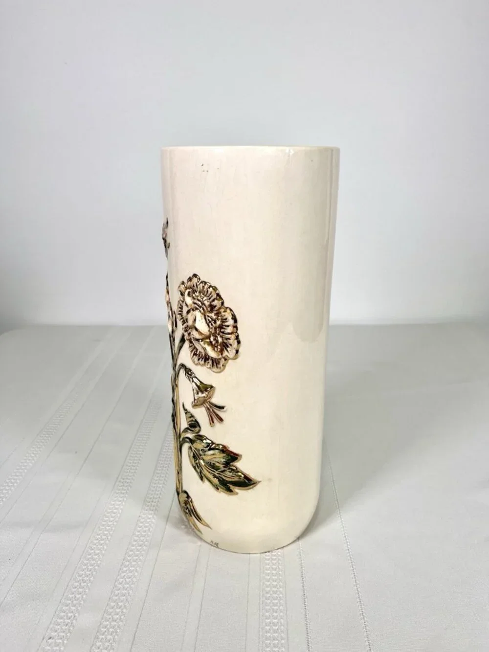 Vintage 50s Art Pottery Vase MCM Handpainted Flowers Ceramic Boho Mid Century